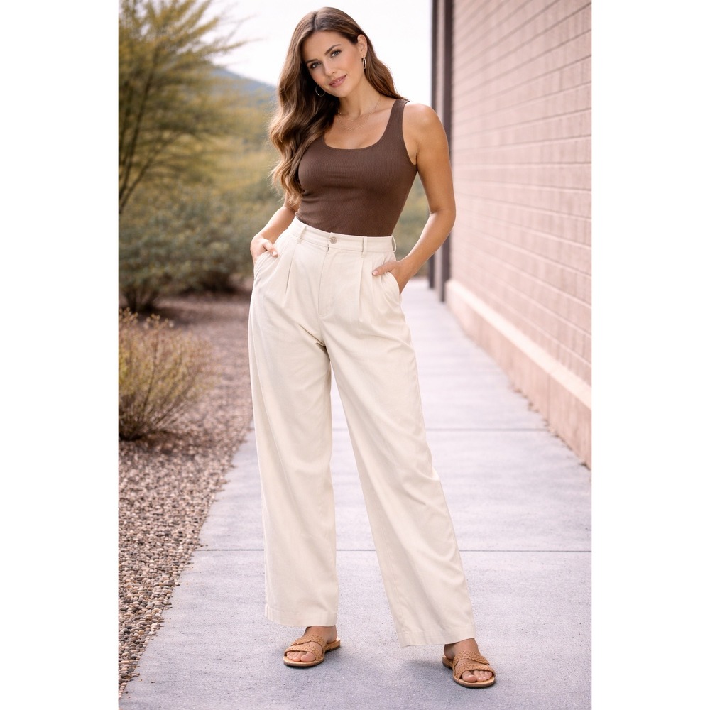 a new‎ day Way High rise Drape Pants Womens 4 Cream Pleated Straight Leg NEW